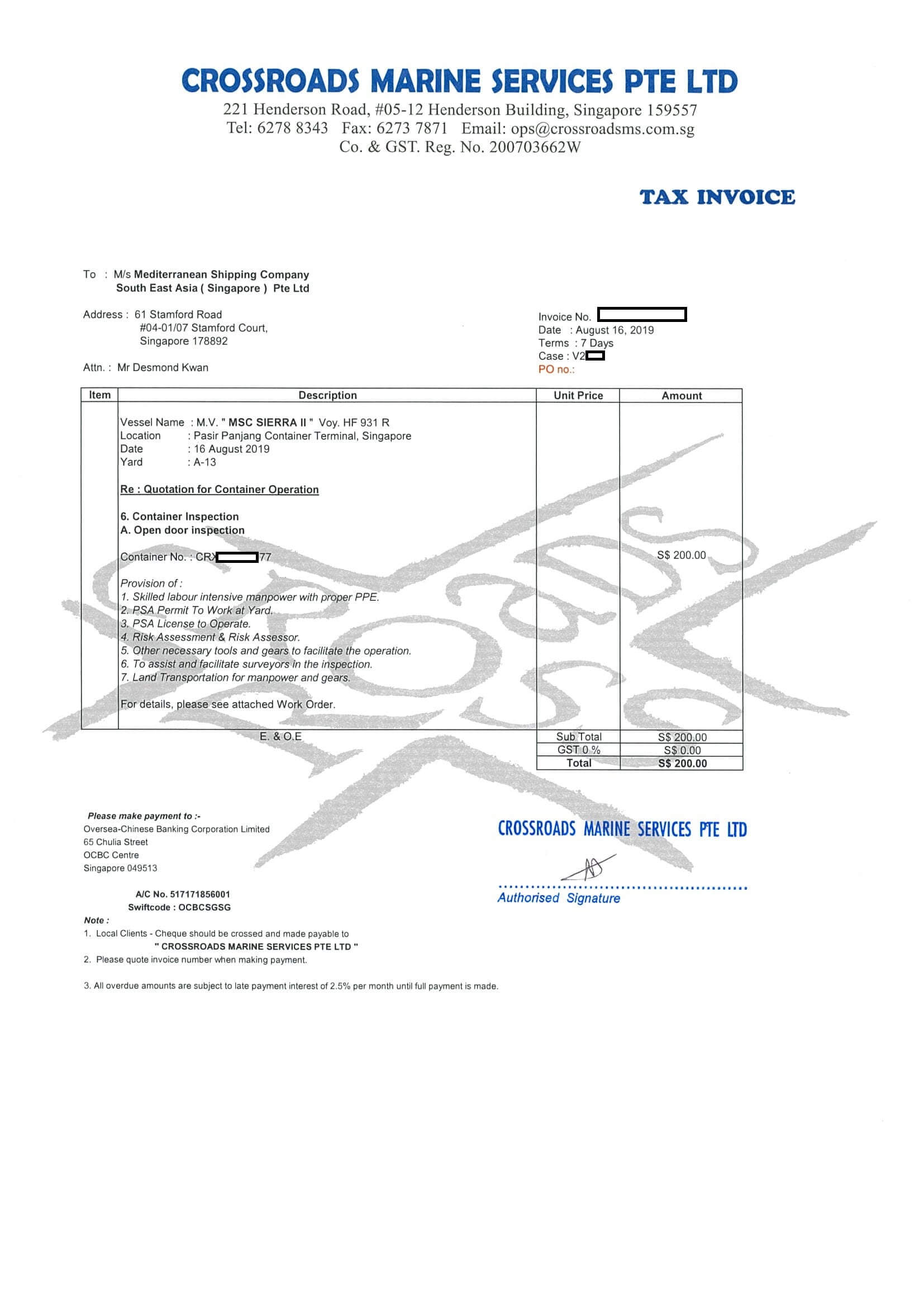 Open door inv _ CMS-2019-0425-01 INV kiểm nghiệm nguyên nhân rò rỉ container tại cảng chuyển tải