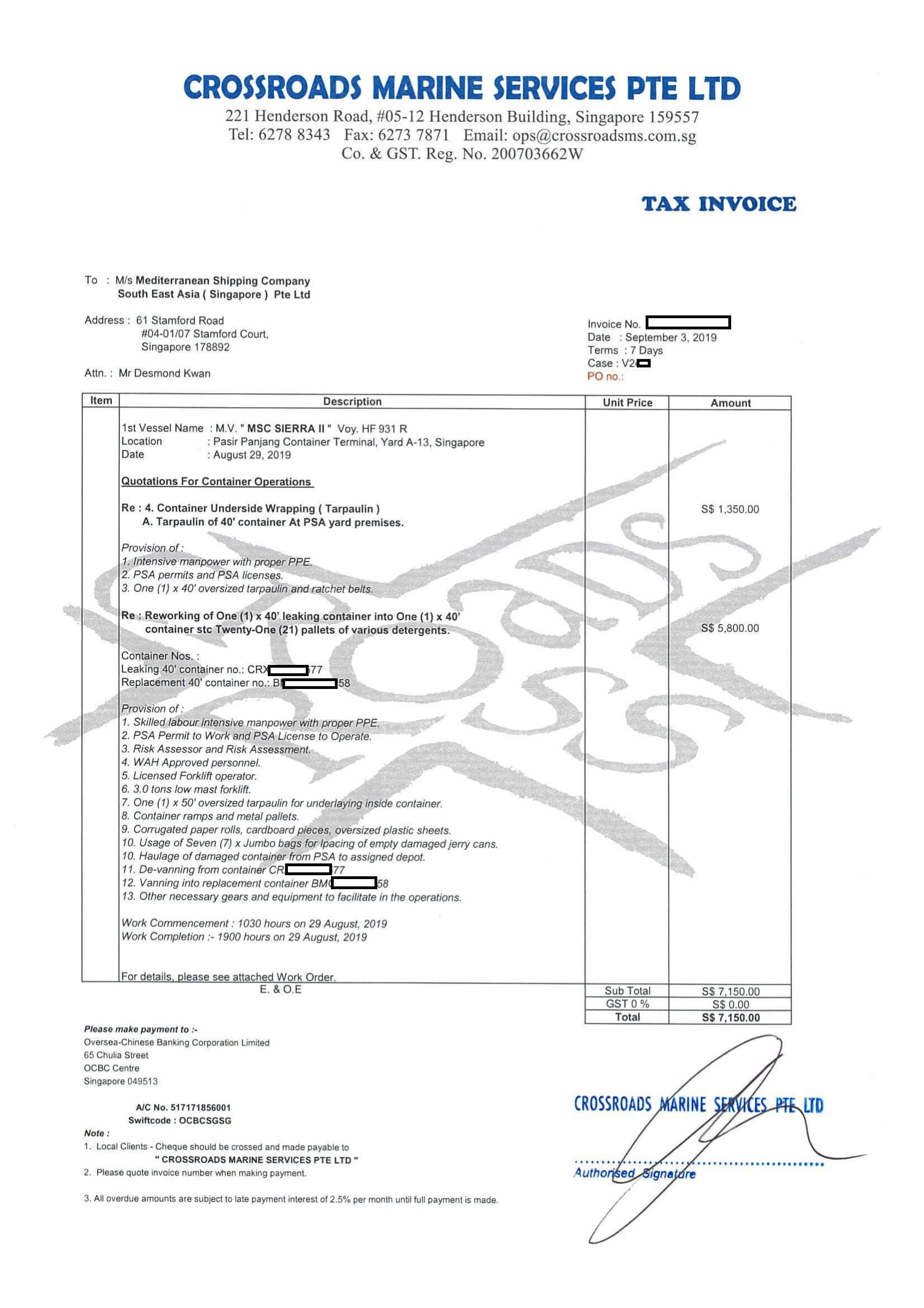 x-stuffing invoice - Hóa đơn đóng lại hàng tại cảng chuyển tải Singapore