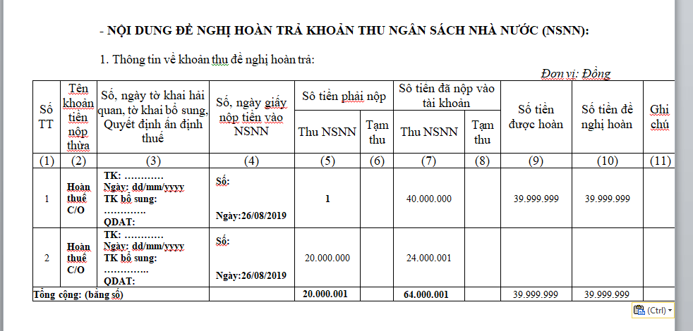 Hướng dẫn diền công văn hoàn thuế nhập khẩu nợ CO form E