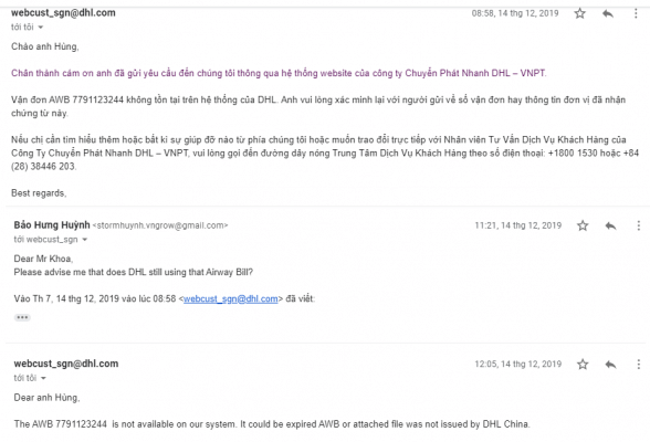 Thất lạc chứng từ xuất nhập khẩu - DHL reply