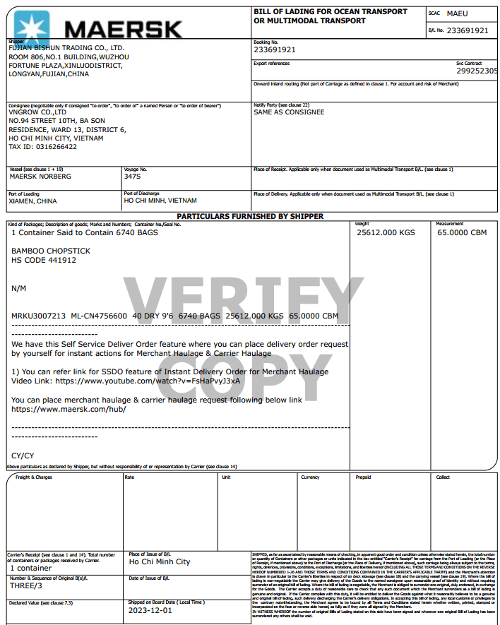 Bill hãng tàu maersk khớp với chứng từ CO Form E