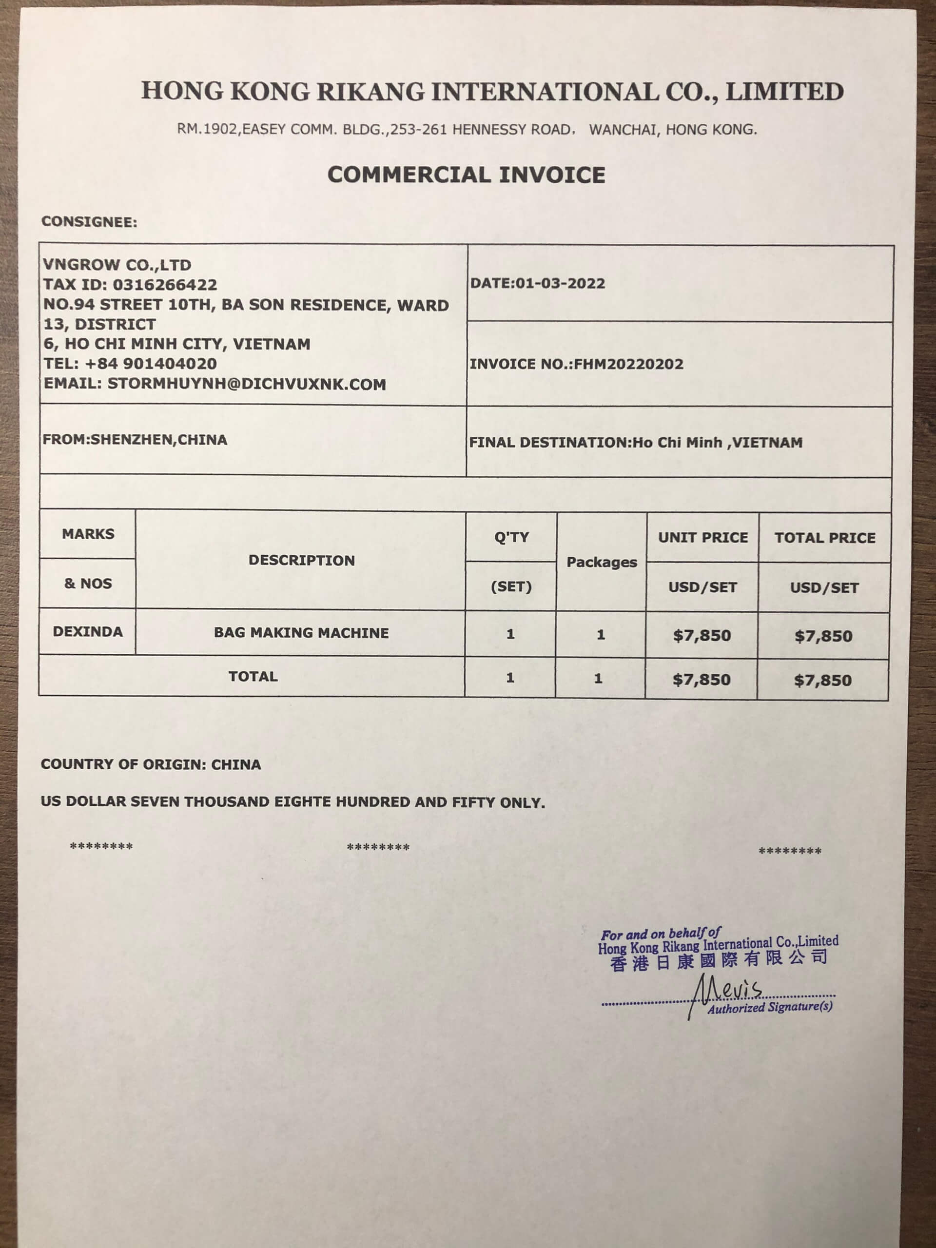 Commercial Invoice FHM20220202 CO FORM E 3 bên