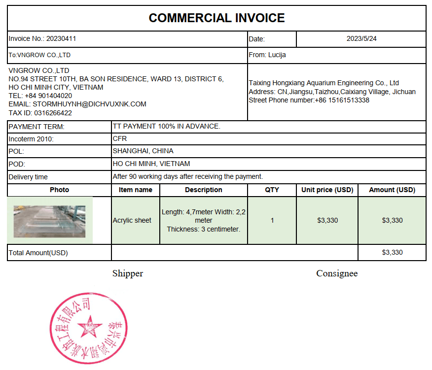 Commercial Invoice khi sử dụng CO FORM E uỷ quyền