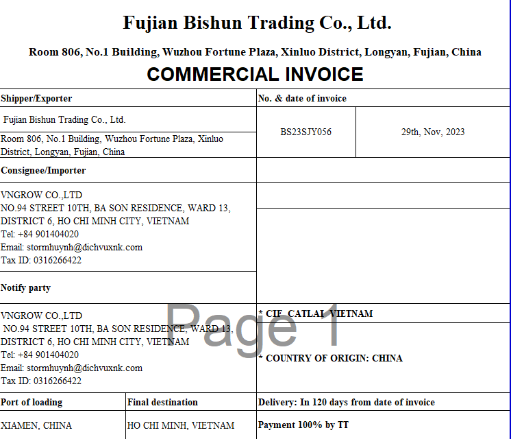 Commercial Invoice có thông tin khớp CO FORM E