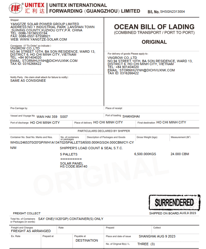 bill of lading trong thủ tục nhập khẩu pin năng lượng mặt trời