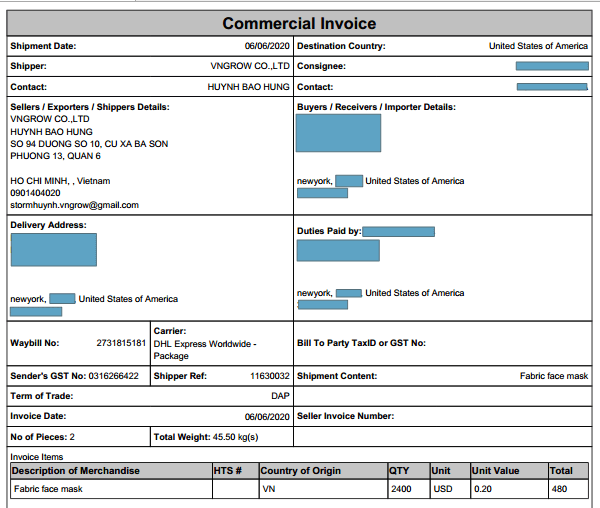 Invoice xuất khẩu khẩu trang vải sang USA