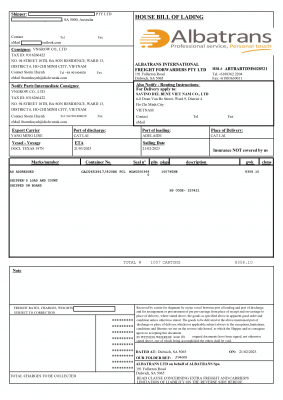 bill of lading lô hàng rượu vang công ty Vngrow nhập khẩu uỷ thác