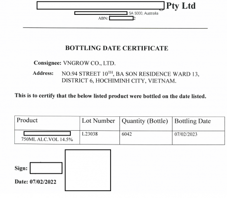 Bottling date certificate - Chứng nhận ngày đóng chai lô hàng nhập khẩu rượu vang của công ty Vngrow