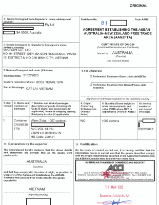 Certificate of origina form AANZ lô hàng công ty Vngrow nhập khẩu rượu vâng từ Úc