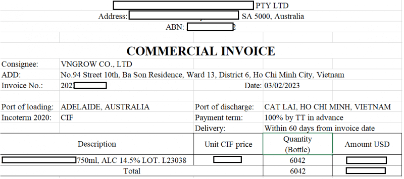 Invoice lô hàng rượu vang công ty vngrow nhập khẩu từ Úc