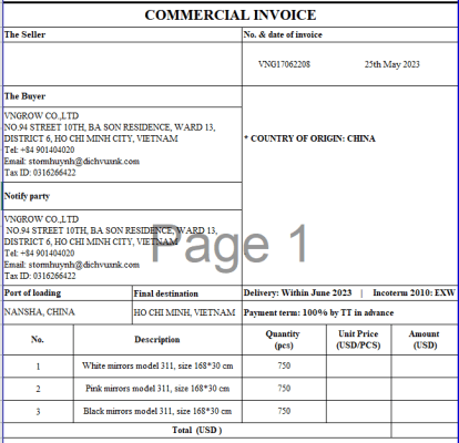 Commercial invoice thủ tục nhập khẩu gương soi có khung