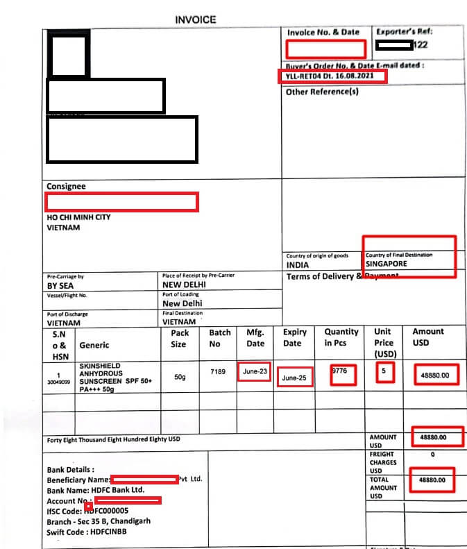 Invoice lần đầu lô hàng nhập khẩu kem chống nắng Ấn Độ