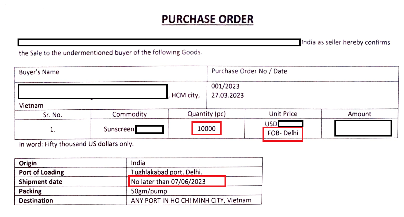 Purchase order lô hàng nhập khẩu kem chống nắng Ấn Độ