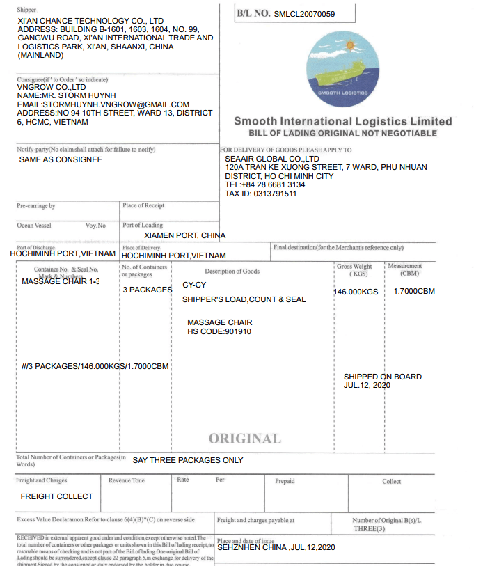 Bill of lading - thủ tục nhập khẩu ghế massage Vngrow