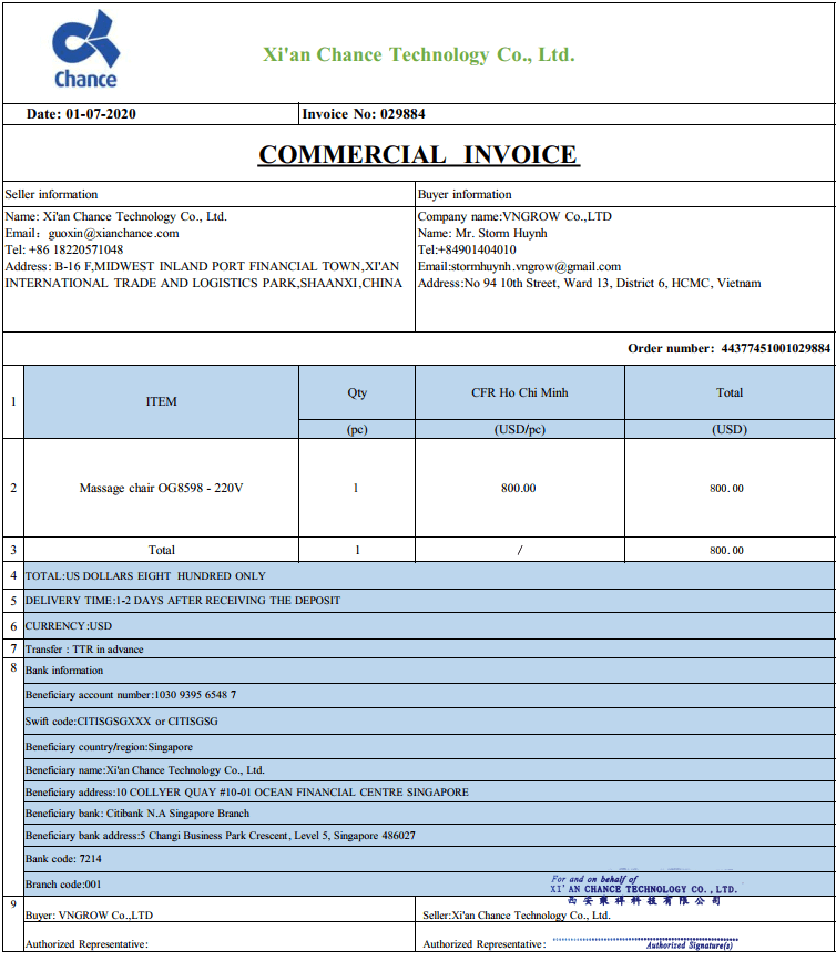 Commercial invoice - thủ tục nhập khẩu ghế massage