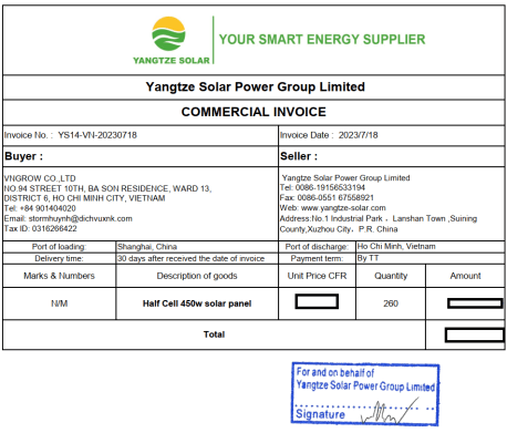 Commercial invoice trong bộ chứng từ nhập khẩu pin năng lượng mặt trời nói về thủ tục nhập khẩu pin năng lượng mặt trời