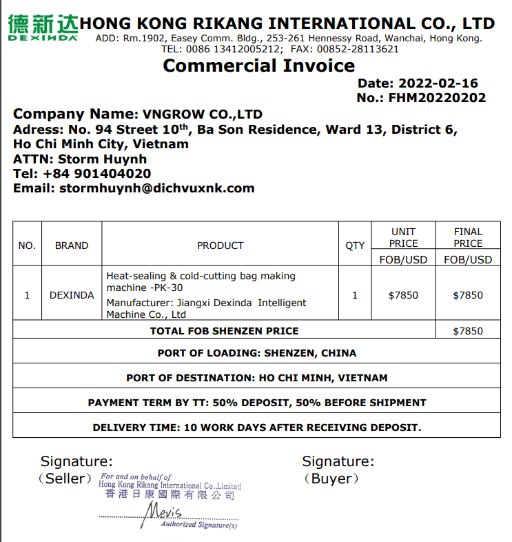 Commercial invoice Vngrow nhap khau may lam bao bi