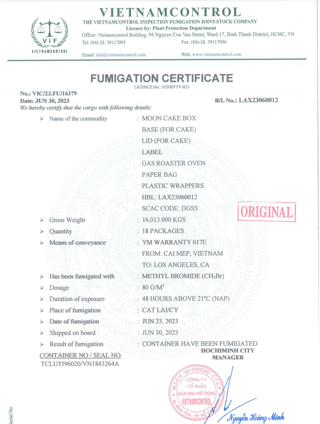 Mẫu Fumigation certificate