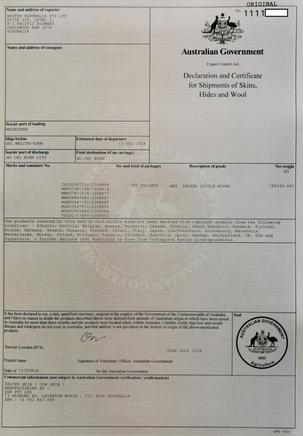 Health Certificate mẫu Australia - VNGROW